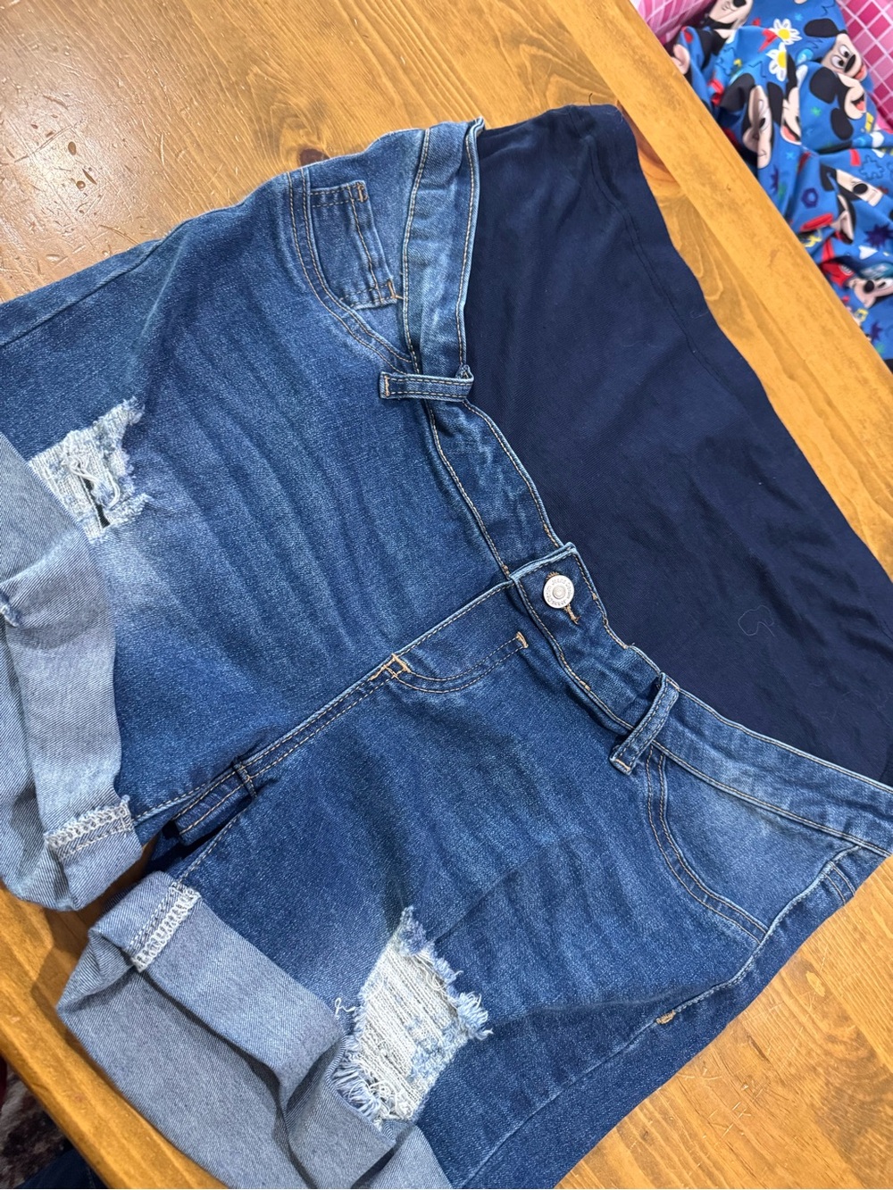 SHEIN Distressed Blue Denim Boyfriend Maternity Shorts with Navy Waistband
